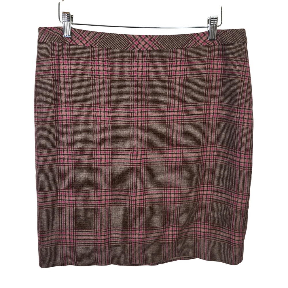 Talbots Petites Brown Pink Plaid Wool Blend Pencil Skirt 14P NWT Preppy School